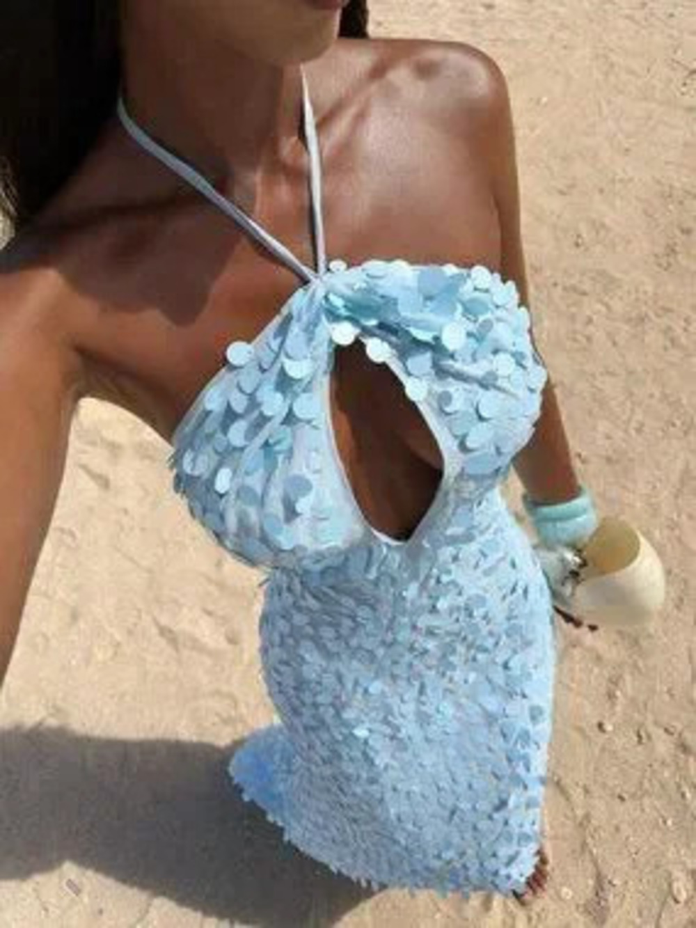 Blue Party Women's Knit Halter Backless Dress For